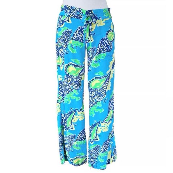 Lily Pulitzer Pippa Blue Shells Drawstring Palazzo 4 Pocket Rayon Pants Sz M - Picture 3 of 8